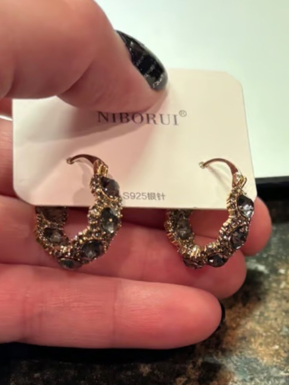 Boutique hoops gold with gray gems earrings